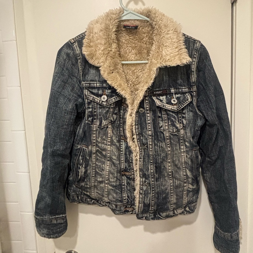 Angel Women's Jean Jacket with Sherpa Lining - Blue and Cream